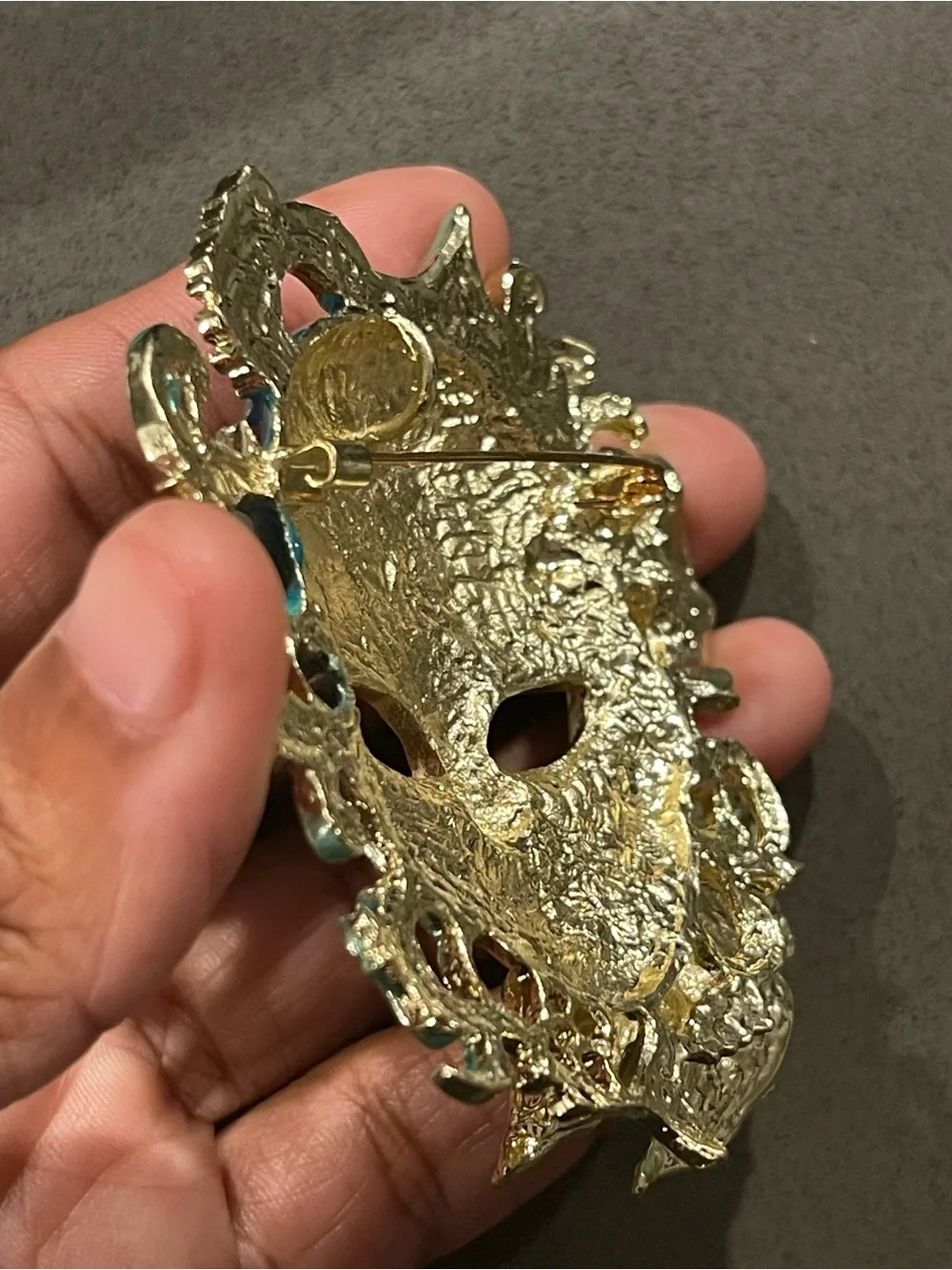 Venetian Mask Brooch Teal Enamel Gold Tone Statement Pin Pendant